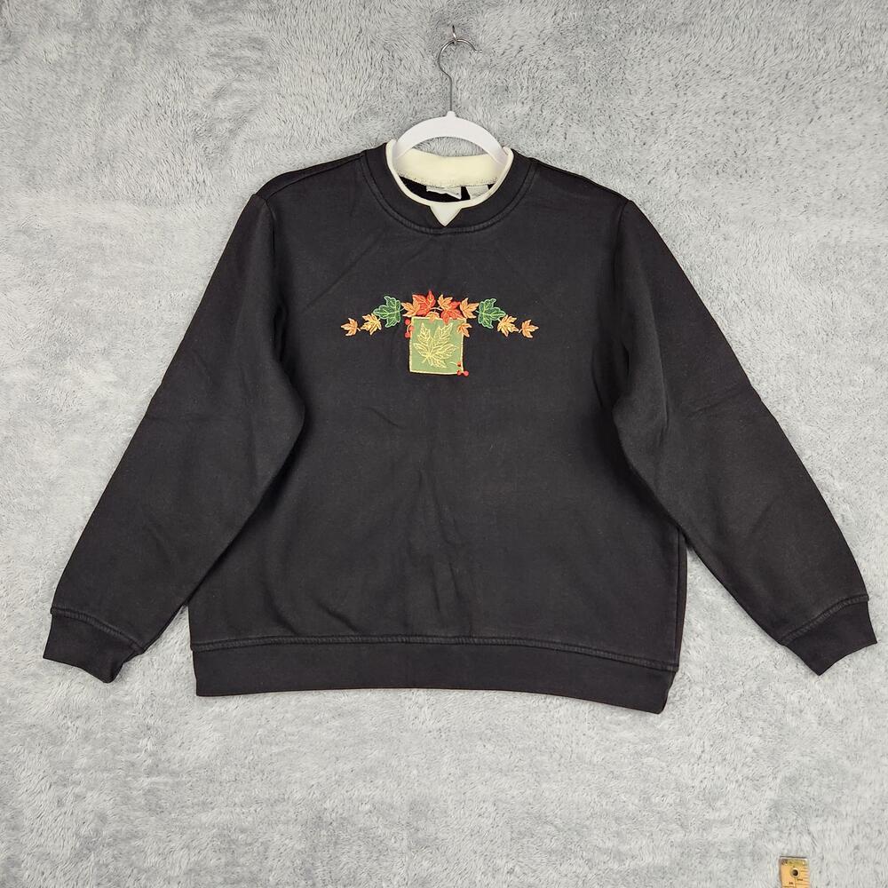 Vintage Kim Rogers Sweatshirt Womens Large Black Fall Leaves Embroidered Y2k
